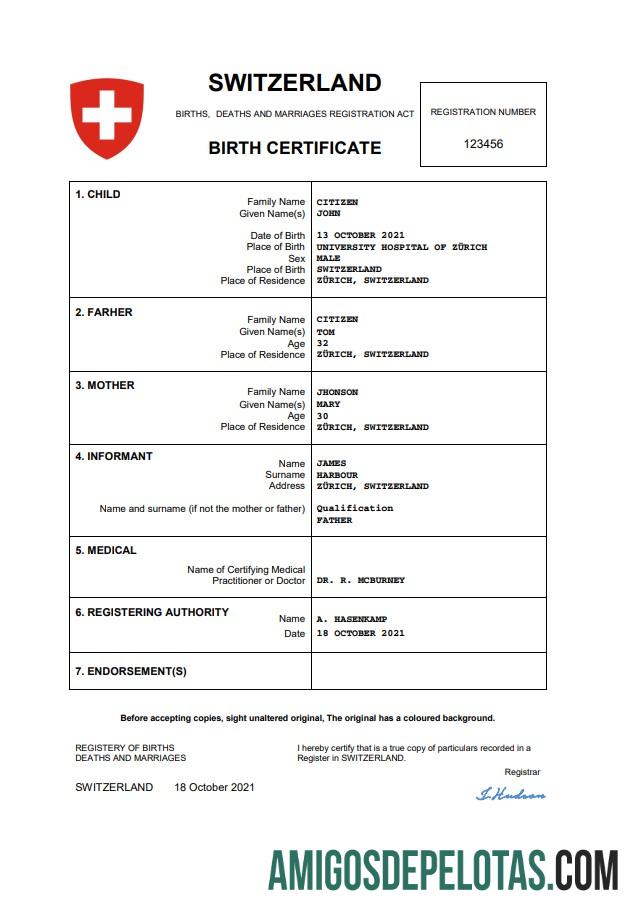 Realista modelo Word e PDF de certidão de nascimento de registro vital da Suíça